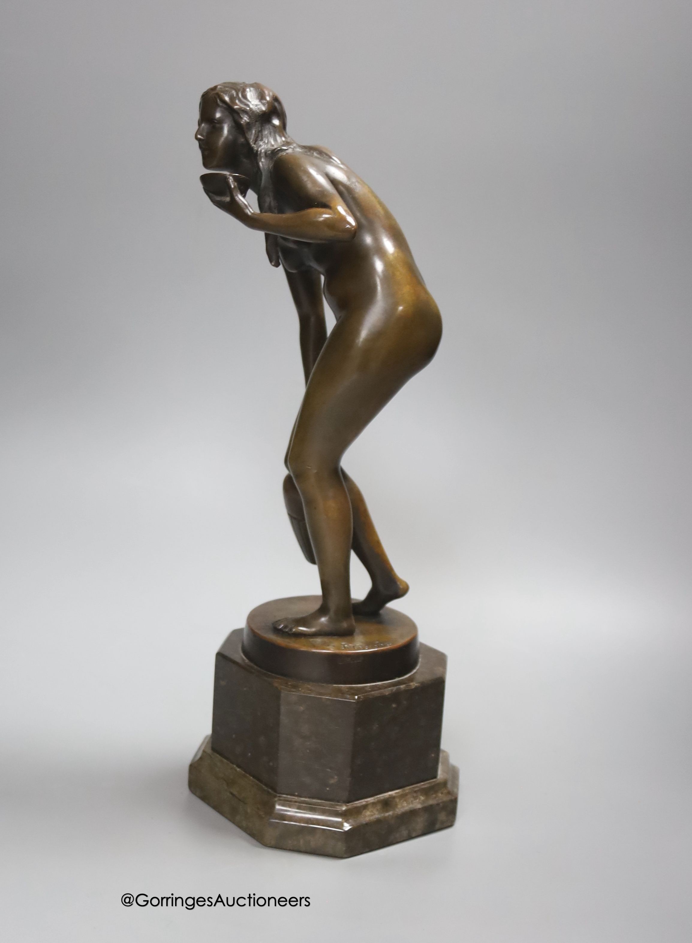 Franz Peleschka Lunar (b.1873). A bronze of a maiden carrying a water jug, on serpentine base, height 34cm